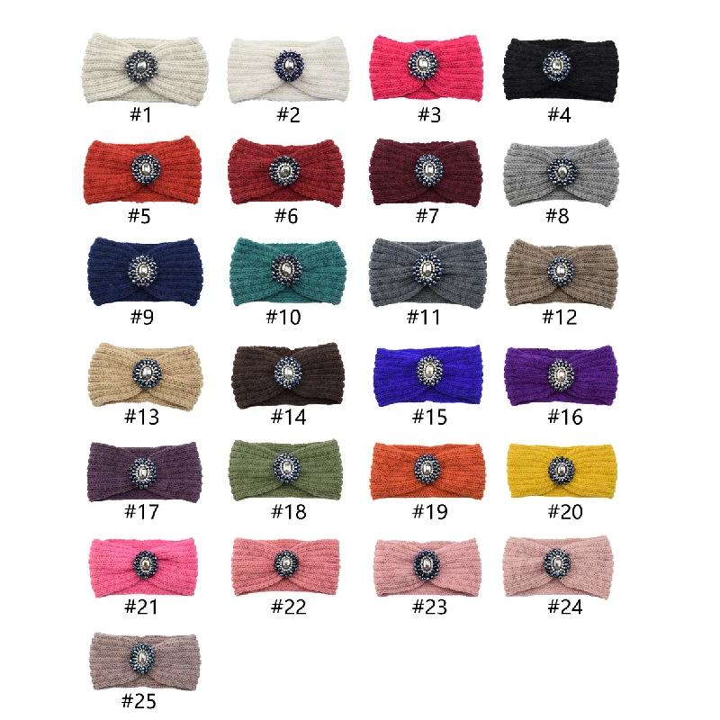 New Women Crystal Flower Headband Crochet Headwrap Casual elastic Hairband Knitting Beanies Turban Winter Knitted Headbands