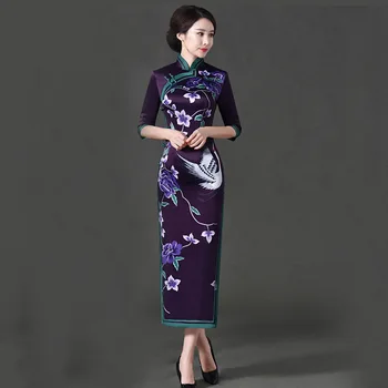 

Purple Qipao Chinese Traditional Long Dress Women's Silk Satin Qipao Gentlest Double deck Long Evening Cheongsam Plus Size 3XL