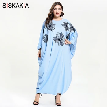 

Siskakia Muslim Women Abaya Dress Chic Flower Embroidery Dressing Gowns Female Light Blue Oversize Bating Sleeve Arabic Clothes