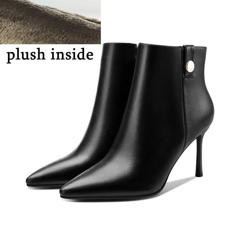plush inside ALLBITEFO/модные пикантные вечерние женские ботинки на высоком каблуке; женская обувь из натуральной кожи на высоком каблуке; зимняя обувь; женские ботинки с острым носком - Цвет: plush inside