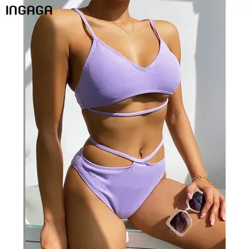 

INGAGA Cut Out Bikinis 2020 Swimsuits High Waist Swimwear Women Push Up Biquini Solid Ribbed Bathing Suits New Strap Beachwear