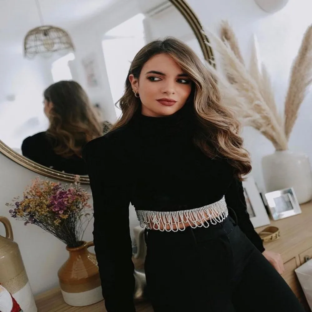 

New Designer Black Velvet Sexy Long Sleeve 2 Pieces Bodycon Mini Dress Diamond Chain Elegant Birthday Party Dress Set