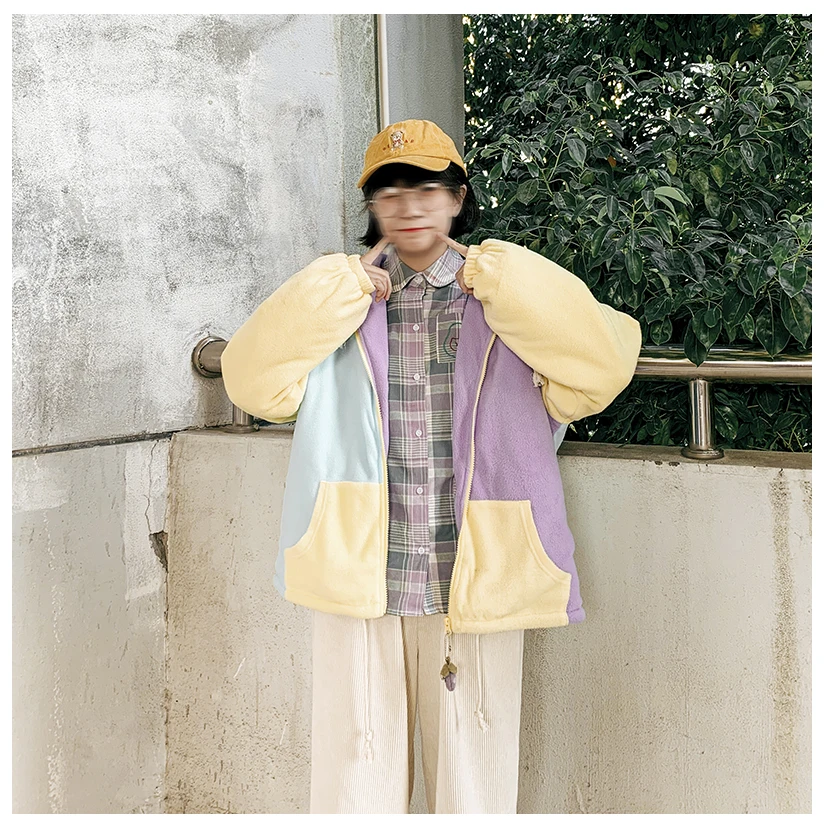Winter New Preppy Style Macaron Color Stitching Sweet Women Winter Basic Jackets Thick Warm Flannel Outwear Coats Hooded