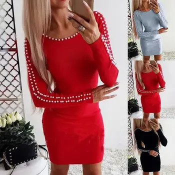 

Hot Women Solid Color Faux Pearl Decor Long Sleeve O Neck Bodycon Party Mini Dress Polyester/ Spandex Above Knee Mini Size S-5XL