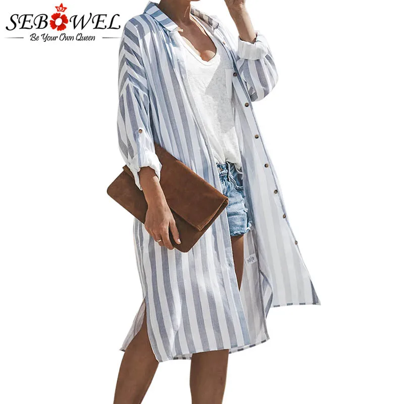Синий SEBOWEL черный, белый, розовый черепаха Bay Pocketed Duster кардиган женское пляжное платье Кнопка купальник с длинным рукавом накидка для пляжа - Цвет: Синий