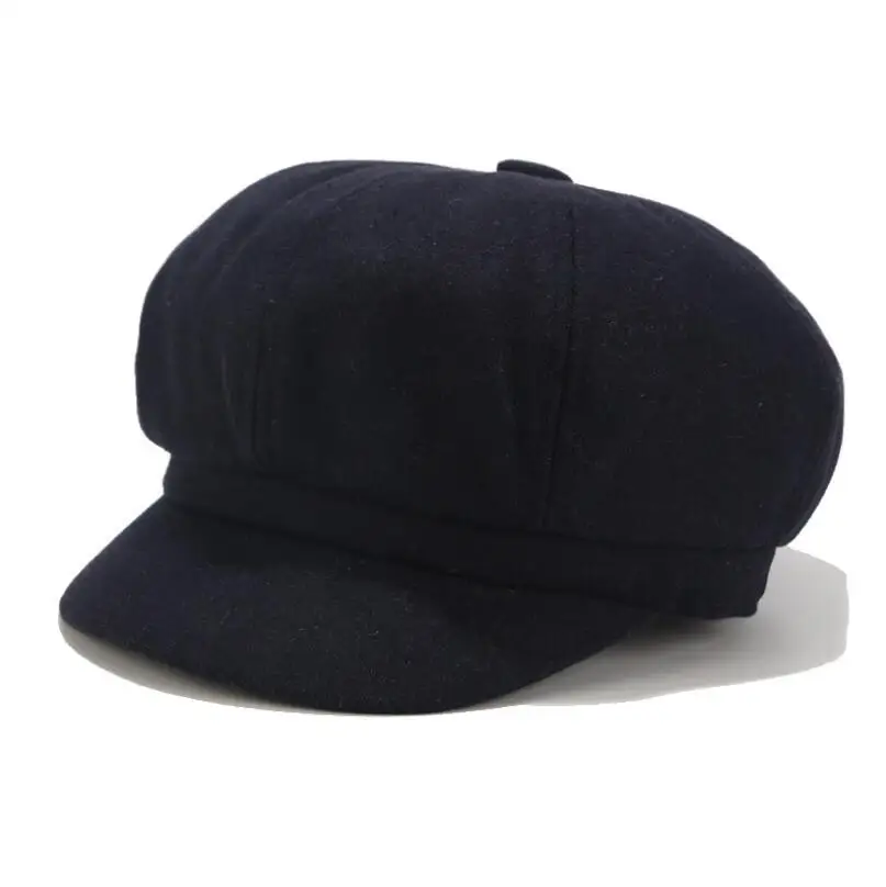 navy blue Высококачественная осенне-зимняя модная женская шерстяная шапка, одноцветная простая Кепка, восьмиугольная кепка, женские козырьки, темно-синие Шапки, 8 цветов хаки - Цвет: navy blue