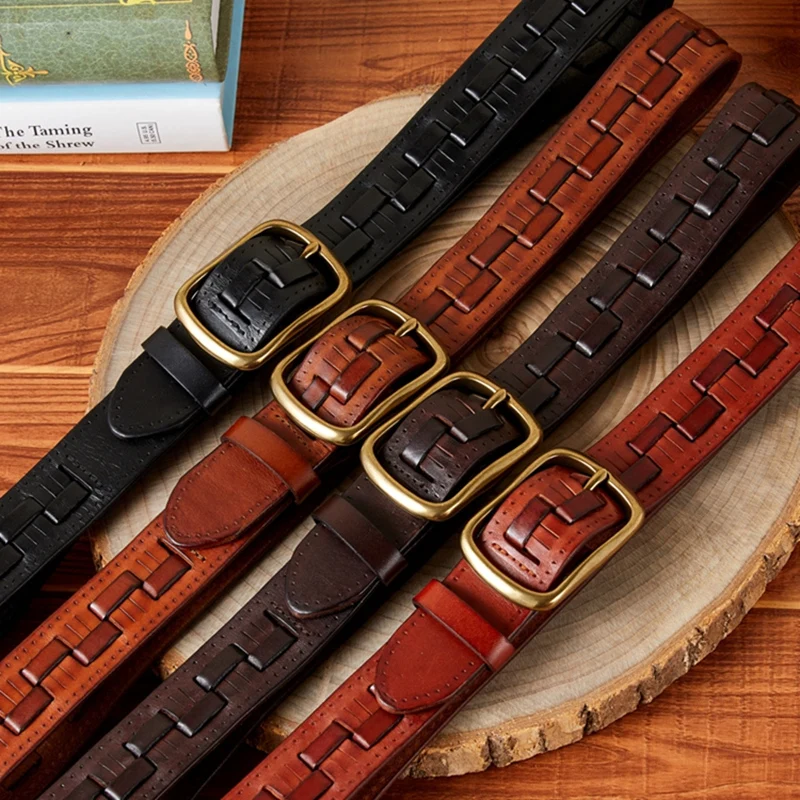 

Rsfocus Luxury Braid Design Belt For Men Top Quality Handmade Retro Style Brass Pin Buckle Belts Male Casual Jeans Strap G814