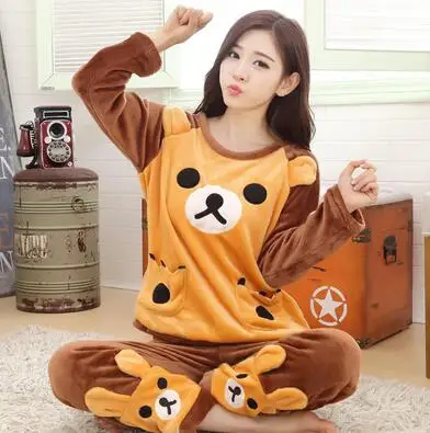 Bear yellow Пижамный комплект с рисунком Микки Мауса; женская пижама из плотного кораллового флиса; Пижама; сезон осень-зима; корейский милый домашний Пижамный костюм; WHX02 - Цвет: Bear yellow