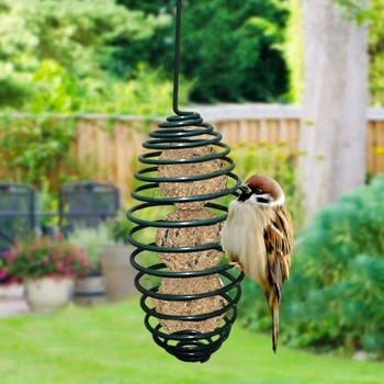 

Outdoor Wild Garden Bird Automatic Feeder with Hanging Hook Squirrel Feeding Metal Spring Spiral Cage Food Dispenser Holder