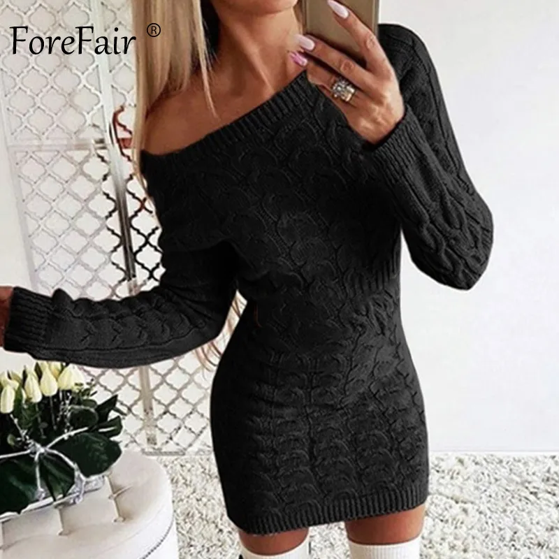 Black Dress Forefair, сексуальное облегающее мини платье-свитер, женское,, трикотаж, осень, повседневное, модное, зимнее, черное, желтое, белое, теплое, вязаное платье - Цвет: Black Dress