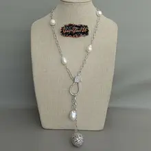 22'' Cultured White Rice Pearl CZ chain Necklace Keshi Pearl Cz Teardrop Pendant