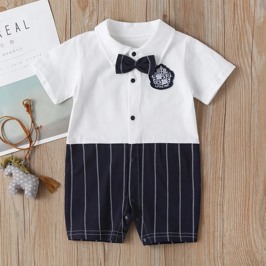 2019 Infant Baby Gentleman Strap Short Sleeve Rompers Suits Kids Boy Jumpsuit Newborn Clothes Tie Rompers+Vest+Pants Set |