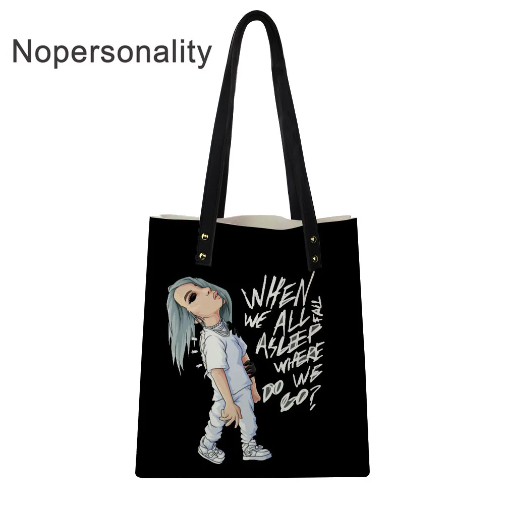 

Nopersonality Billie Eilish Print Women Tote Bag PU Top-handle Shoulder Bags Female Beach Handbag Large Storage Pouch for Girls