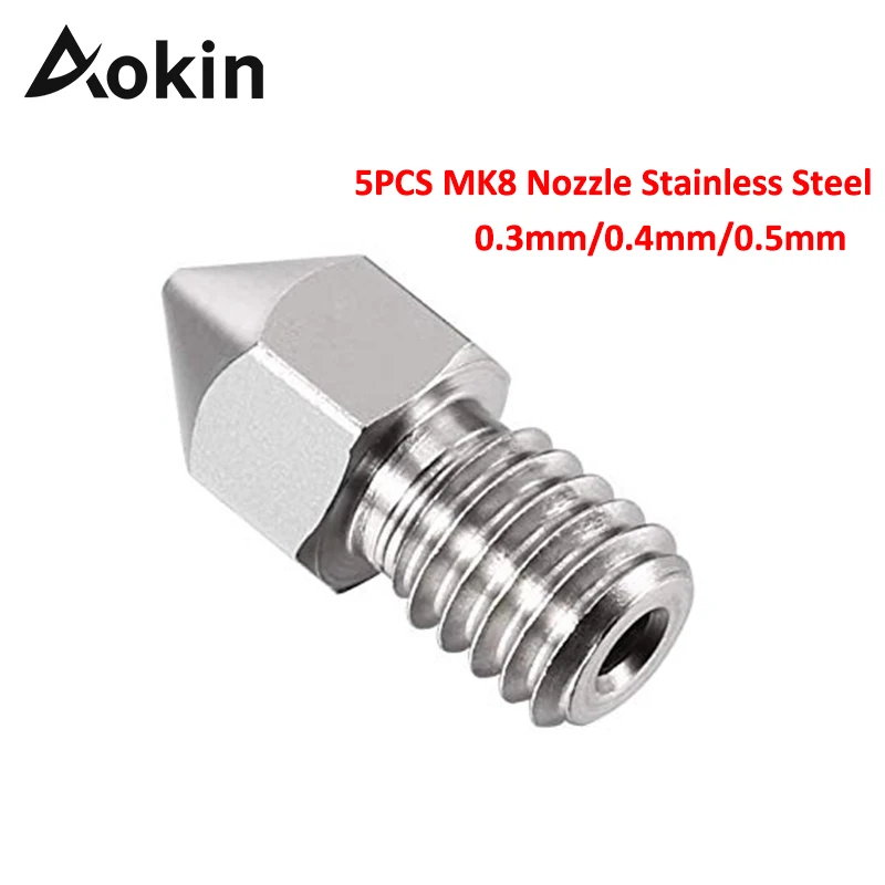 

5PCS MK8 Nozzle Stainless Steel 0.3mm 0.5mm 0.4mm Extruder Nozzle hardened Steel for 1.75mm 3mm Filament 3D Printer MK8 Nozzles