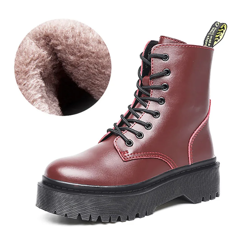 W018-wine red fur Модные женские ботинки; Ботинки martin; зимние ботинки из натуральной кожи на платформе; ботинки в байкерском стиле; женская зимняя обувь; женские ботинки - Цвет: W018-wine red fur
