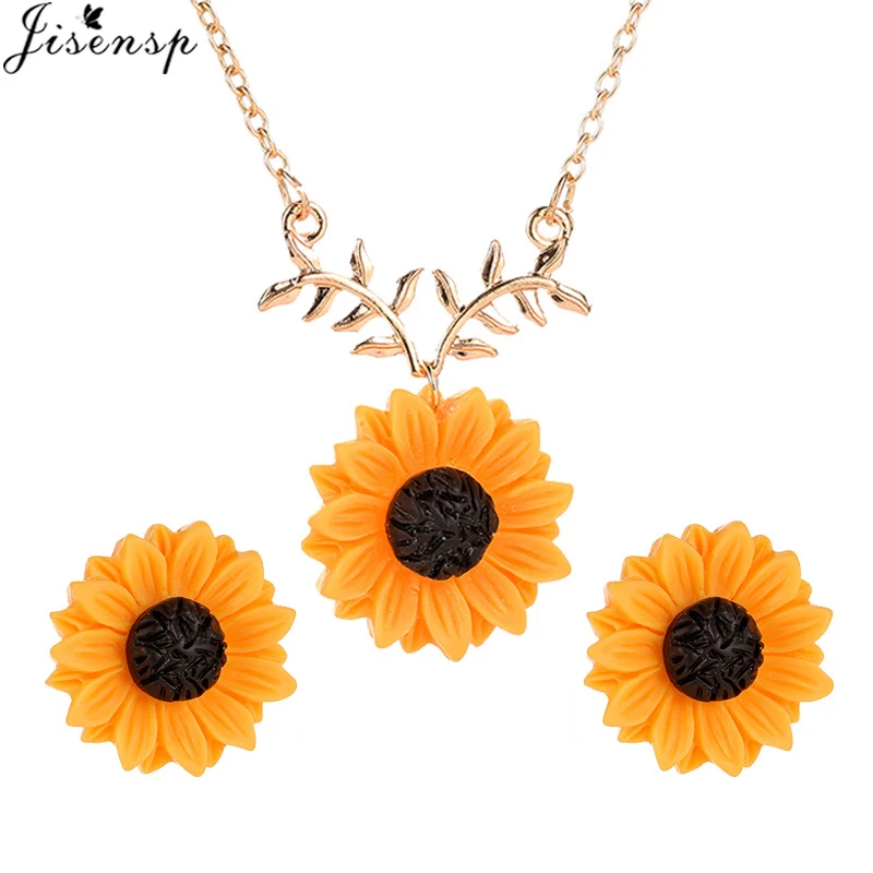 

Jisensp Delicate Sunflower Necklace Earrings Set Jewelry Sets for Women Engagement I Love You Necklaces collier femme 2019