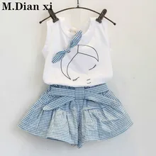 Летние Стильные комплекты одежды из 2 предметов для маленьких девочек 1-7 лет, Милая футболка без рукавов из хлопка с мультипликационным принтом+ шорты с ремешком, детская одежда