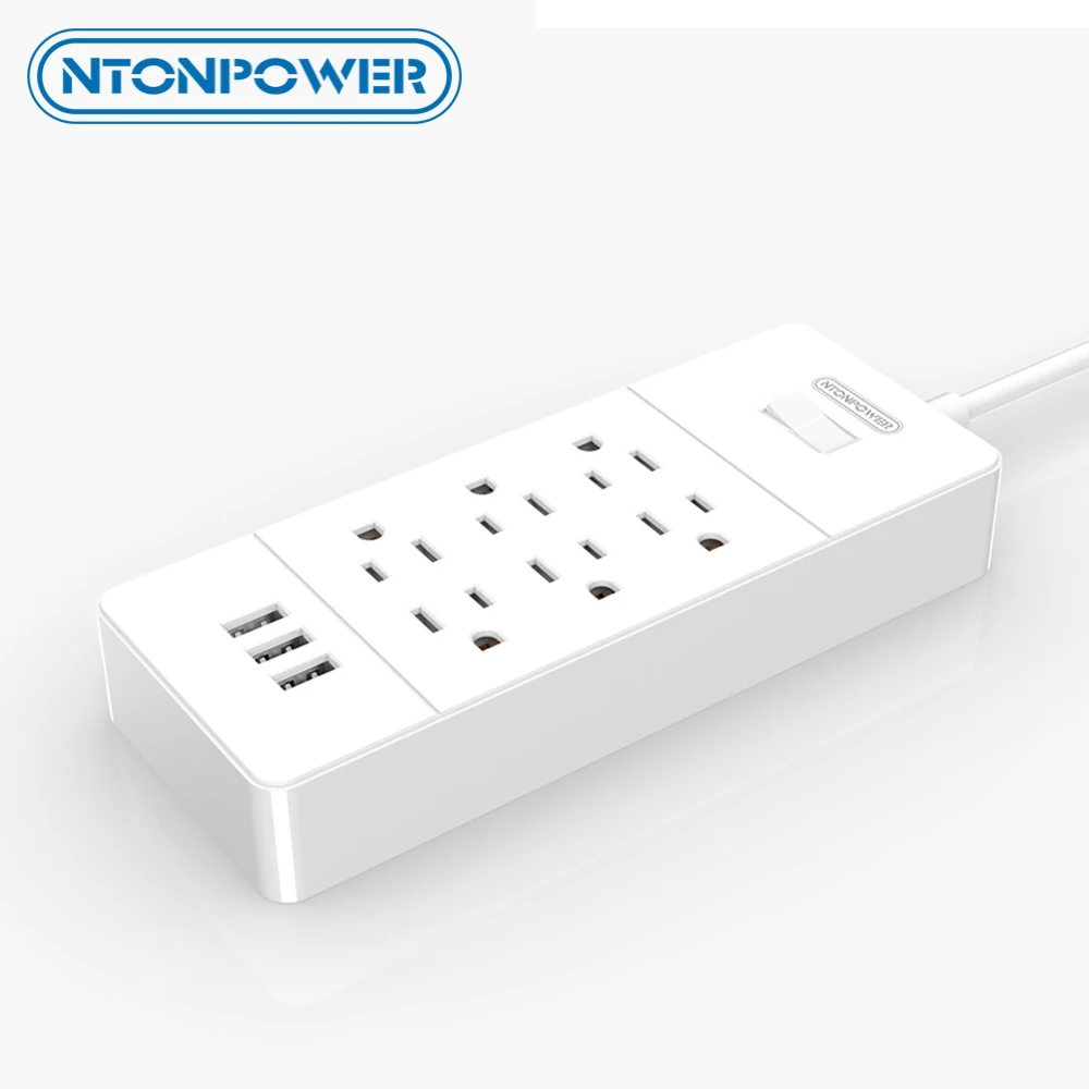 

NTONPOWER US Plug 6-Outlet Overload Protection Extension Socket Family-sized 3 USB Charging Port with 5ft/ 1.5M Power Cord