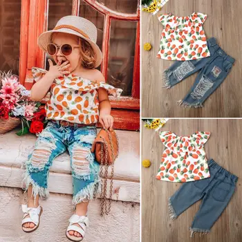 

Summer Toddler Baby Girls Clothes Pineapple Printed Short Sleeve Tops+Hole Pants Outfits Clothes 1-6Y Girls Clothes Baby