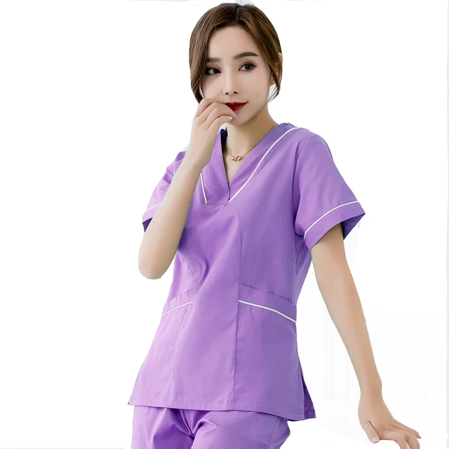 Women Scrub Top Plug Size Medical Uniforms V-Neck Spa Uniforms Short Sleeve Nursing Workwear Doctor Overalls Veterinary Cotton VIOLET TOP