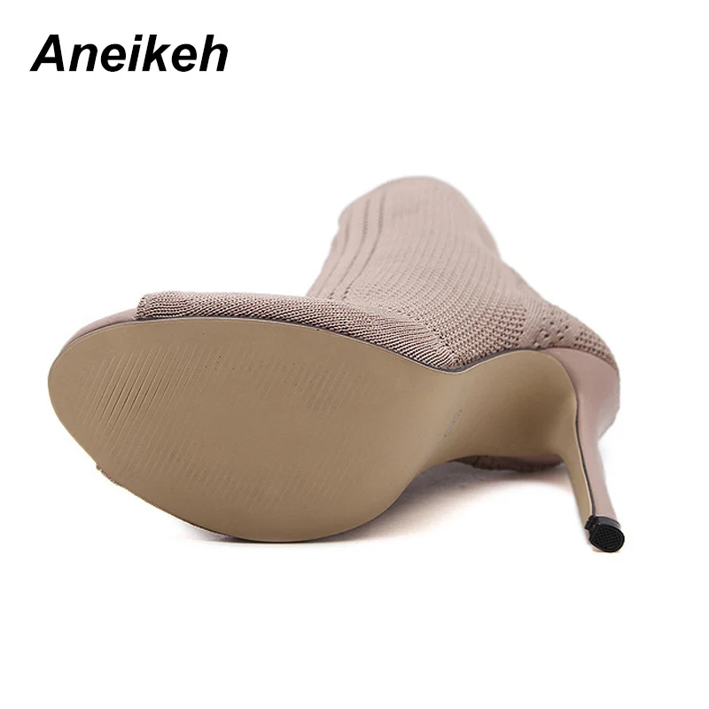 Aneikeh/ г. Модные женские ботинки с сеткой обувь до середины голени на тонком высоком каблуке женские пикантные свадебные туфли без застежки с открытым носком, цвет черный, зеленый, Размеры 35-40