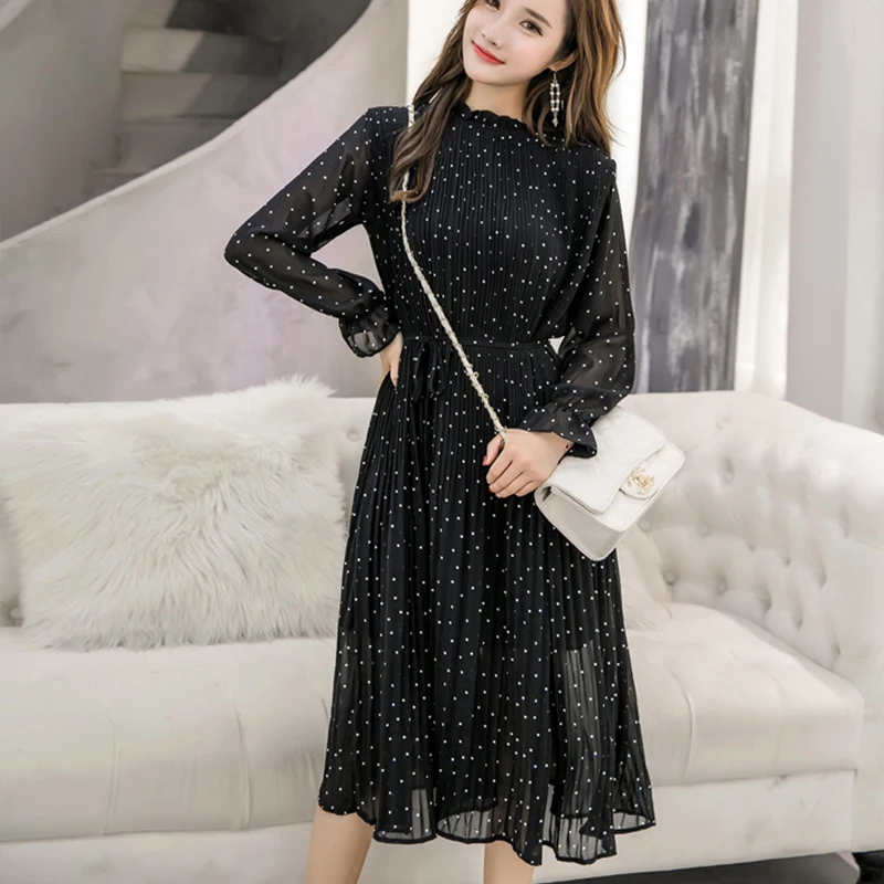 Vrouwen chiffon jurk 2019 lente herfst vrouwelijke elegante vintage lange mouwen dot geplooide jurk office lady casual losse jurken Vrouwen chiffon jurk 2019 lente herfst vrouwelijke elegante vintage lange mouwen dot geplooide jurk office lady casual losse jurken