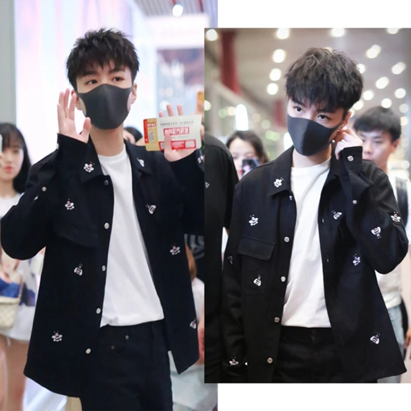 

Men Spring And Autumn Korea Star Style Vintage Ulzzang Bee Embroidery Denim Black Jacket Male Casual Slim Fit Jacket Coat Cloth