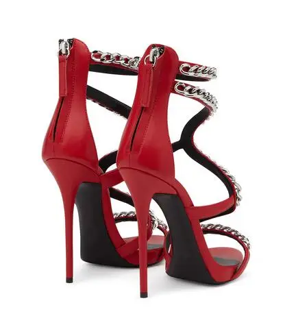 Classic Style Women White Red Metal Chain Decoration Hollow Out Sandal Summer Fashion Open Toe Back Zipper High Heel Dress Shoes