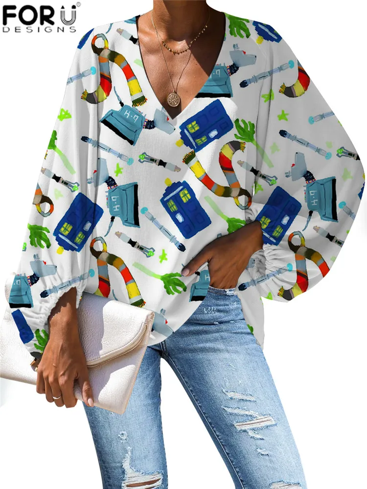 FORUDESIGNS/Harajuku стиль мультфильм милый узор с изображением сиделки блузка Повседневная Свободная рубашка с длинным рукавом Топы размера плюс v-образный вырез - Цвет: HMO180B2