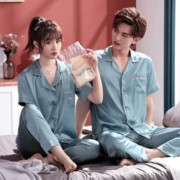 

Couples Pajamas Viscose Summer Imitated Silk Fabric Thin Short Sleeve Trousers Two-Piece Summer Wear MEN'S AND WOMEN'S Satin Hom