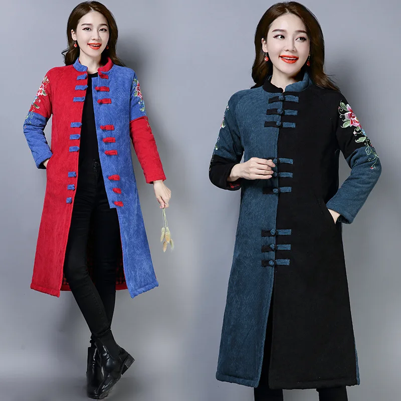 

2019 Ethnic-Style Autumn And Winter WOMEN'S Dress New Style CORDUROY Chinese Style Retro Embroidery Cotton-padded Jacket Women's