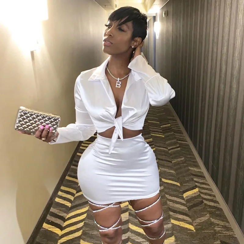 

Sexy Two Piece Set Women Daily Fall Skirt and Crop Top Set Lapel Tie Deep V Long Sleeve Club Clothes Suit Conjunto