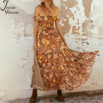 

Jessie Vinson Boho Floral Print Ruffles Off Shoulder Long Maxi Dress Women Bohemian Tube Dresses Summer Beach Dress Vestidos