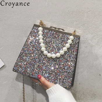 

Croyance Luxury Designer Square Shoulder Bag for Women Fashion Pu Leather Imitation Pearls Handbag Sequins Chain Messenger Bags