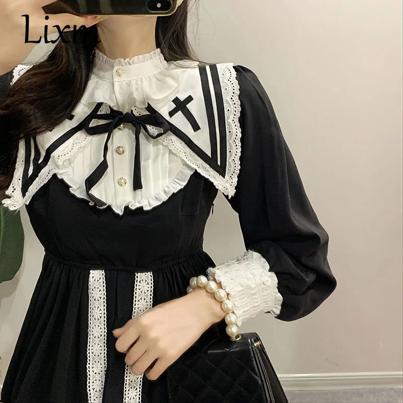 Gothic Lolita Retro Hepburn style little black dress navy collar ruffled dress long sleeve princess kawaii lolita dress,lolita suspender dress,lolita cosplay costumes,suspender dress,lolita skirt,lolita blouses