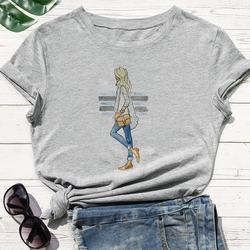 

Popular styles T-shirt Women Beautiful Girl Carrying bag Printing Vogue Punk Top Tee Loose Round Neck Pop White Grey Tshirt