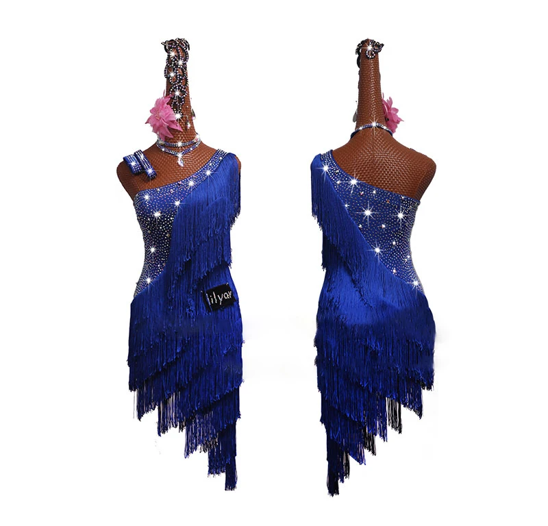Blue Four-piece Латинское бальное платье черная юбка с бахромой блестящая# LD048 - Цвет: Blue Four-piece