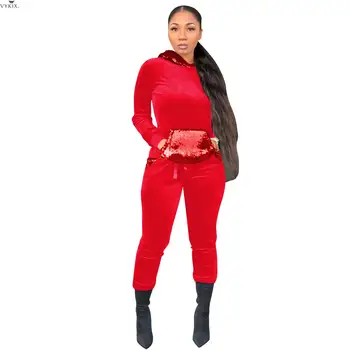 

Women Tracksuit Sequin Patchwork Two Piece Set Velvet Tops Sport Hooded Neck Pockets Street Long Pants Minimalist Female Outwear