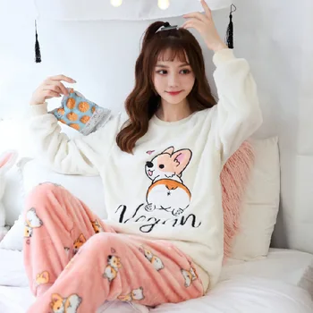 

Cute Corgi graphic women's pajama suit cartoon Flamingo Kawaii fashion Home pajama with velvet two piece casual isolation pajama