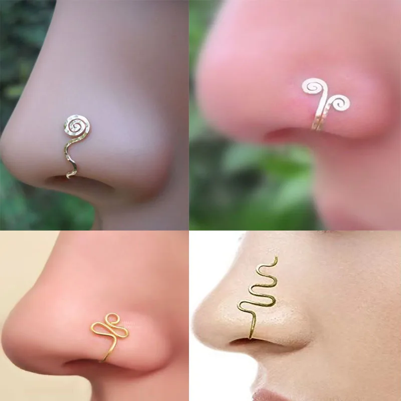 Original Copper Wire Spiral Fake Piercing Nose Ring Punk Gold Silver Color Clip Nose Ring Also Can Be Ear Clip Cuff Bijoux