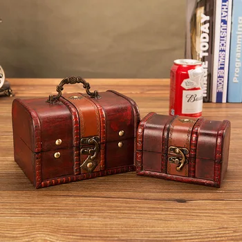 

2 piece/set Retro Red Wooden Box with Metal handle Antique Sundries Jewelry Storage Box Home Decoration Storage Bins
