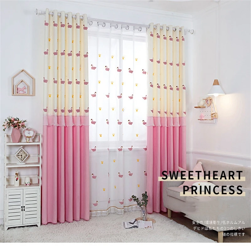Роскошная затемненная занавеска с вышивкой лебедя для маленькой девочки, спальни, белая и розовая штора с вышивкой, Штора для детской одежды с рисунком FQ034D3