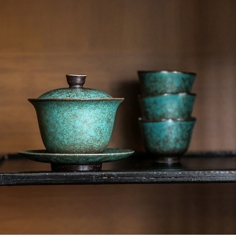 Vintage Gaiwan For Tea Pottery Tureen With Lid Green Teaware Kung Fu Tea Ceremony Set Coffee Cups Bowls Chawan 150ml
