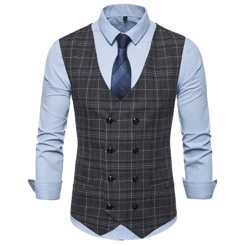 Grey Plaid Vest Мужские жилеты, повседневные приталенные Модные топы для отдыха размера плюс, клетчатые двубортные костюмные жилеты для мужчин, Весенняя осенняя одежда S-XXL - Цвет: Grey Plaid Vest