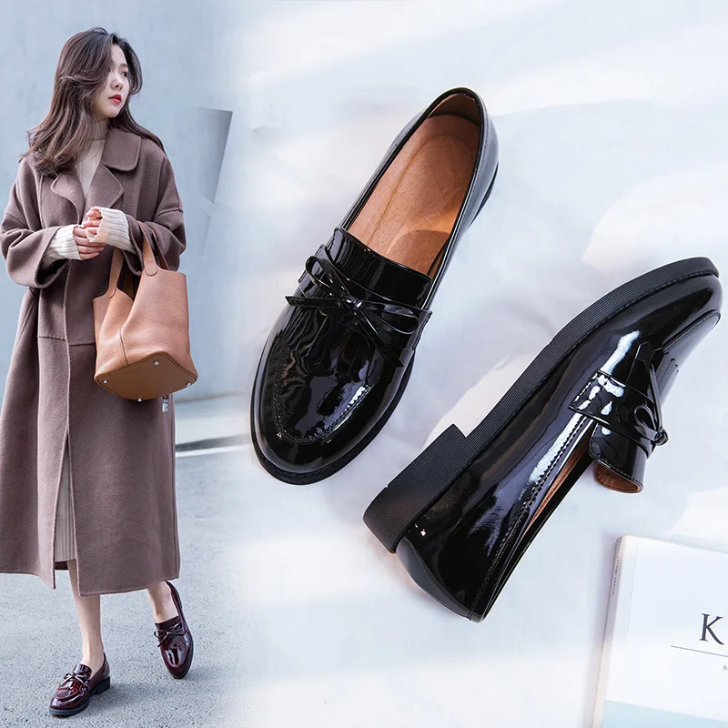 

2018 Autumn And Winter New Style British-Style Small Leather Shoes Women's Genuine Leather Tassels round-Toe Flat Top Shoes Bow