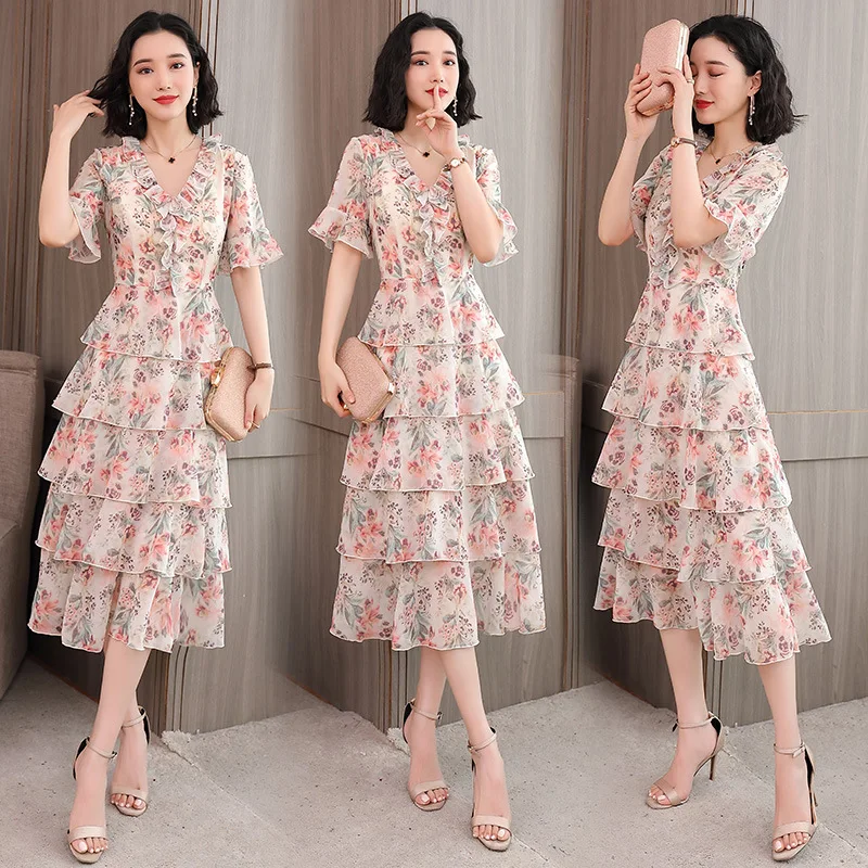 

Floral-Print Chiffon Dress Popular WOMEN'S Dress 2019 Summer New Style Korean-style Summer Very Fairy of Cake Skirt
