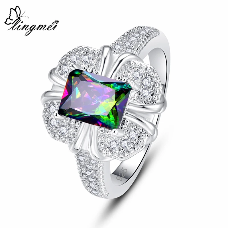 

Lingmei Rectangular Gorgeous Wedding Band Rings Multicolor Green Zircon Silver 925 Ring Size 6 7 8 9 Fashion Jewelry Christmas