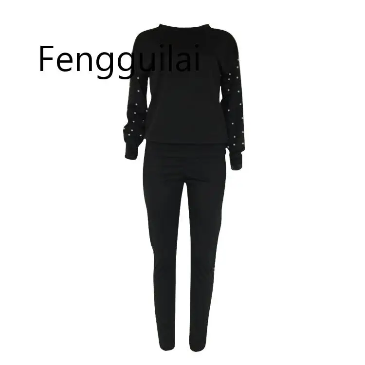 FENGGUILAI новые модные комплекты из 2 предметов синие Черные женские костюмы повседневные топы с жемчугом и круглым вырезом+ штаны комплект из двух предметов набор для бегунов - Цвет: BLACK