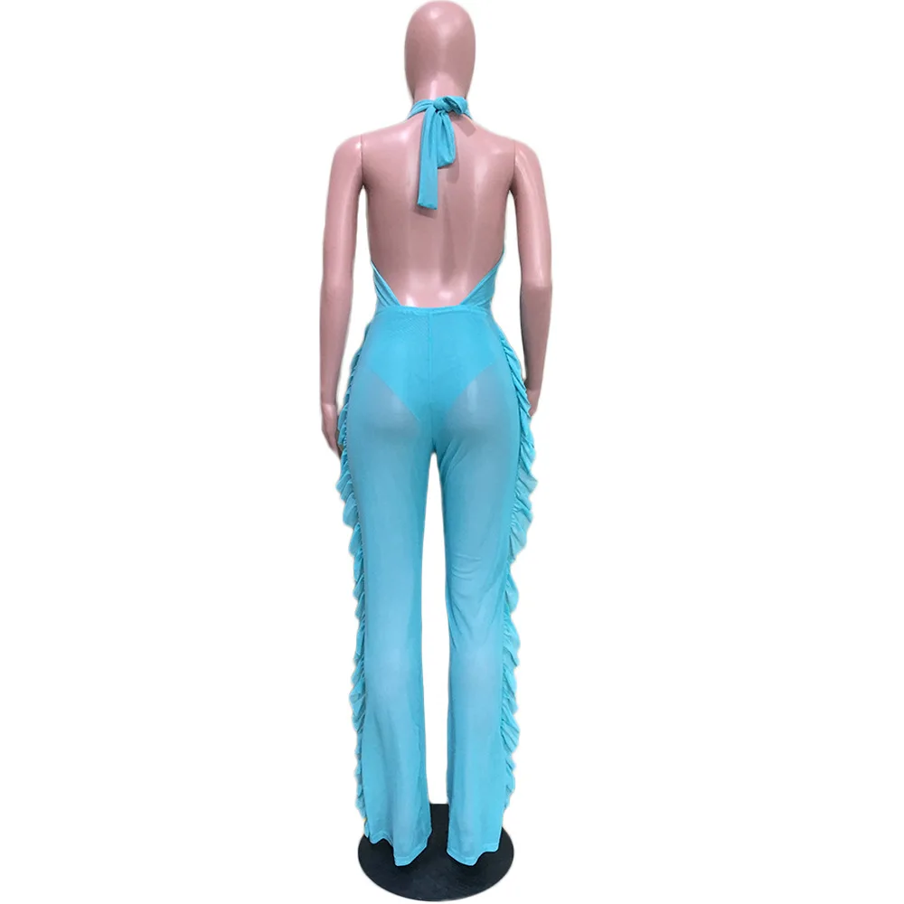 Women summer sexy backless jumpsuits halter solid sexy ruched women bodysuit femme DY5124