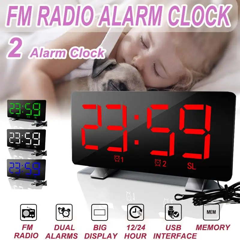 USB LED Alarm Clock FM Radio Digital Snooze Table Clock Wake Up Light Electronic Clock Dual Alarms 